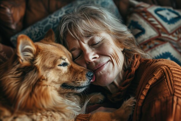 Middle aged woman relaxes at home with pets