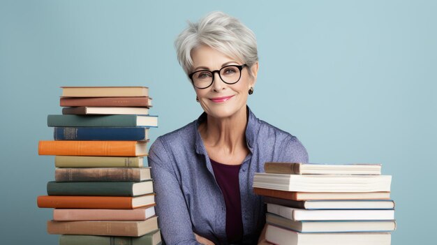 Middle-aged woman sits on a blue background next to stacks of books