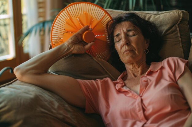 Photo middle aged woman suffers from heat at home without air conditioning