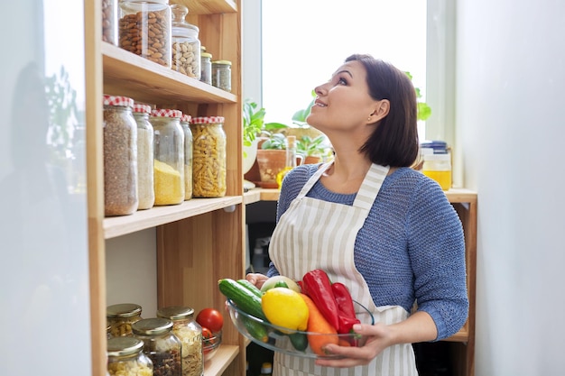 Middle aged woman with food in the pantry in the kitchen