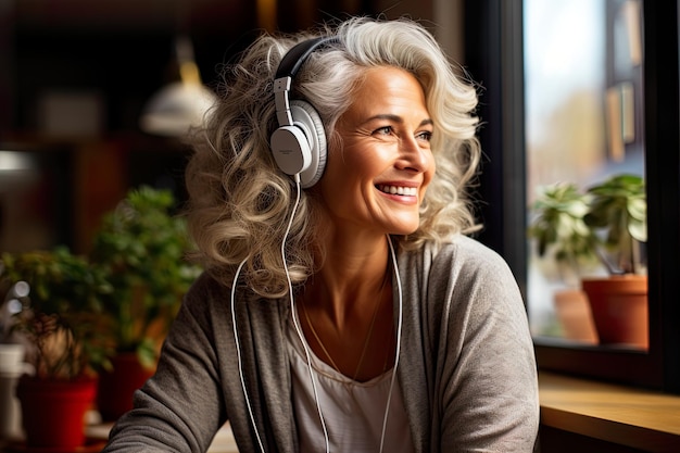 Middle aged woman with grey hair in earphones generative ai image