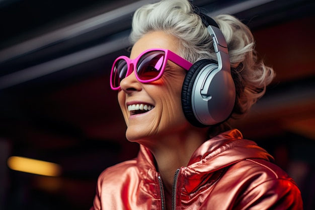 Middle aged woman with grey hair in earphones generative ai image