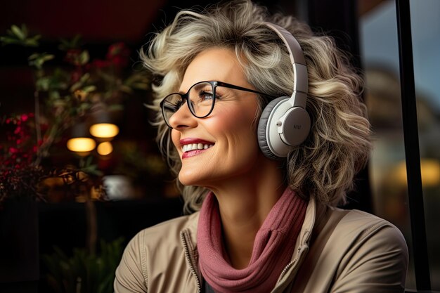 Middle aged woman with grey hair in earphones generative ai image