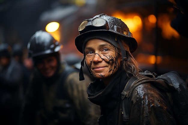 middle aged woman working in a mine covered in dirt and grease Gender equality