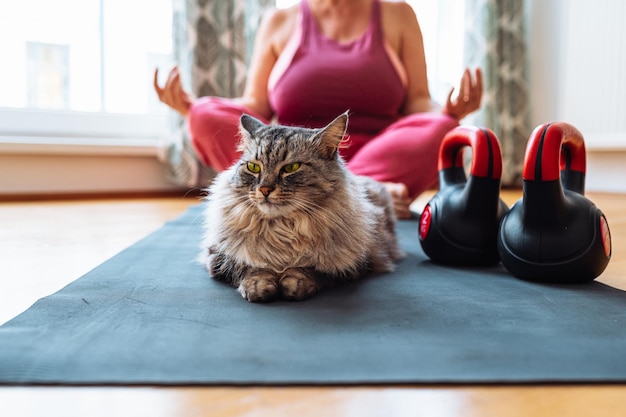 Middle-aged women home yoga, healthy lifestyle