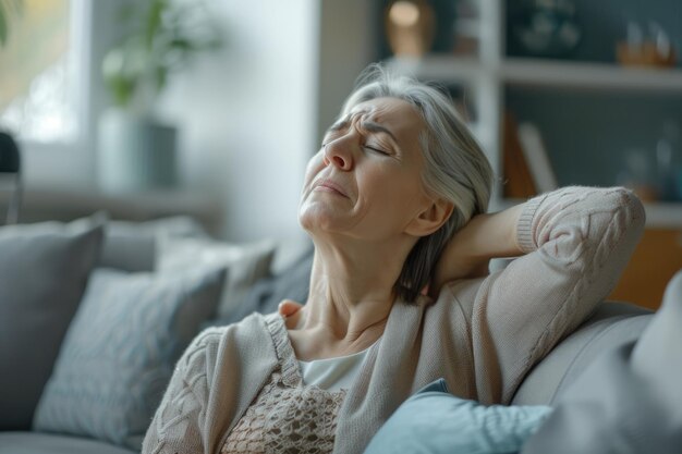 Photo middle aged women with neck and shoulder pain at home