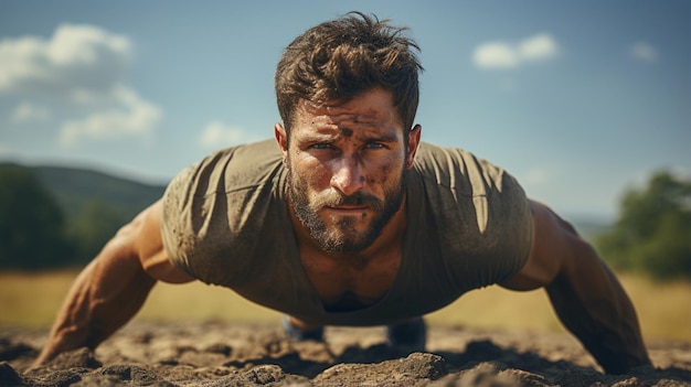 A middle ages male doing push ups in open field under the open sky