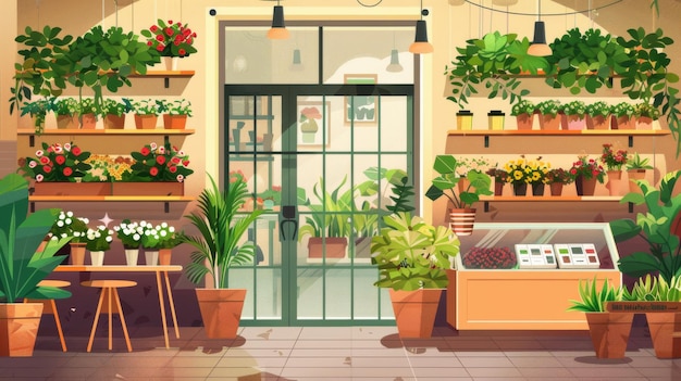 In the middle of the cartoon floral store interior is a standing tree green plants in pots a basket with a bouquet of flowers a table with a cashier a large glass door and a window with a view