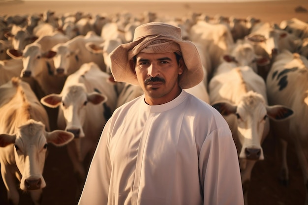 Middle Eastern Arab Man Standing on Dairy Farm Generative Ai