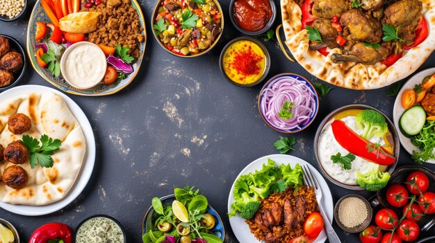 Middle eastern or arabic dishes and assorted meze on concrete rustic background Generative Ai