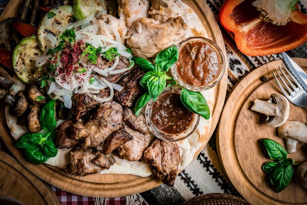 Photo middle eastern arabic traditional breakfast with hummus foul mutabbal qudsia and zaatar top view