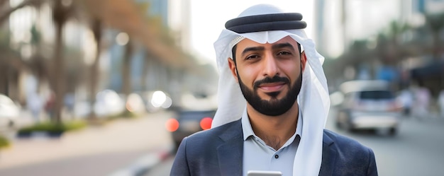 Ближневосточный бизнесмен, включающий в себя современные технологии для бизнеса в открытой среде Концепция Ближний Восточный бизнес Интеграция технологий Внешняя обстановка Современный бизнесмен