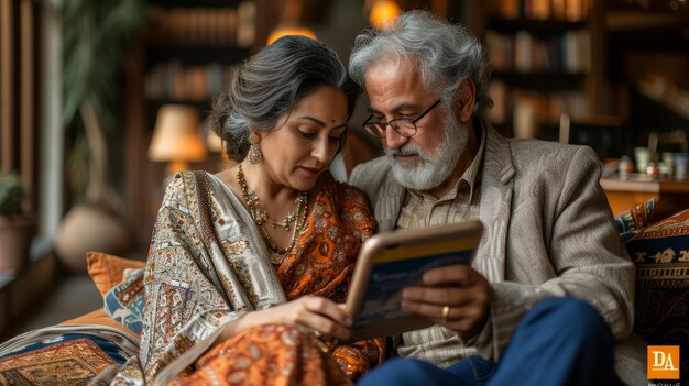 Middle eastern couple relaxing on digital tablet while multiethnic mature couple uses digital tablet for online payment with credit card Latin wife shows item to be purchased on digital tablet to