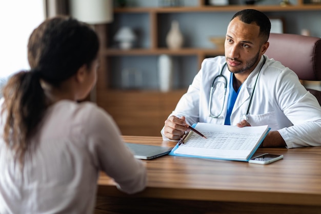 Middle eastern doctor showing african american lady patient\
treatment plan