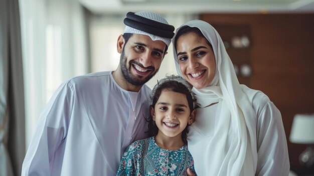 A Middle Eastern family of three having fun together at home