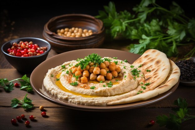 Middle Eastern food from Tel Aviv Jaffa consisting of hummus pita bread tahini parsley and chickpeas