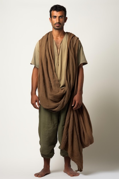 Middle Eastern man wearing a brown draped garment and green pants