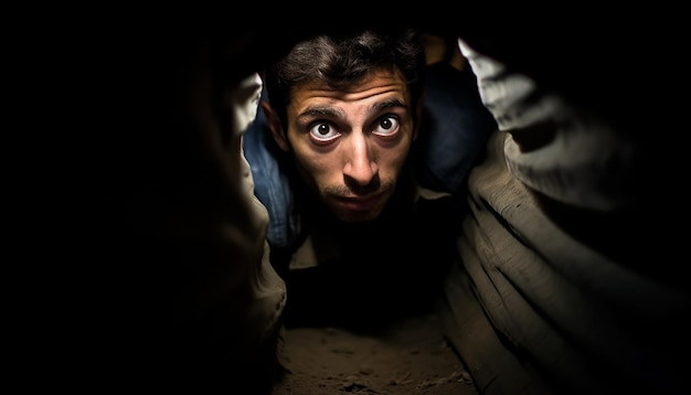 写真 中東 の 人 が 狭い 暗い トンネル で 戦争 から 逃げ て いる