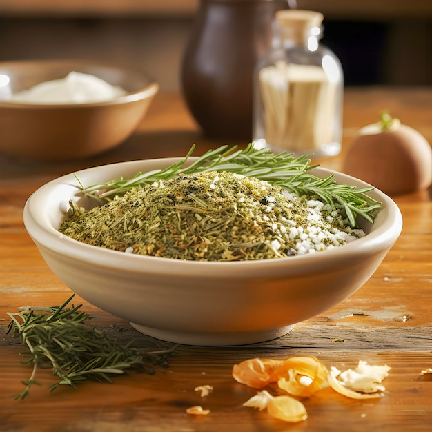 Middle eastern seasoning za'atar in a bowl closeup blurred background ai generated