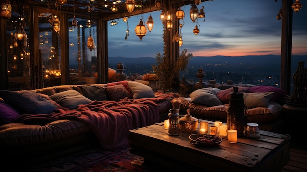 Middle Eastern style living room with a view of the city at sunset