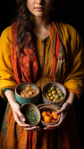 中東の女性がナッツと果物の鉢を握っている