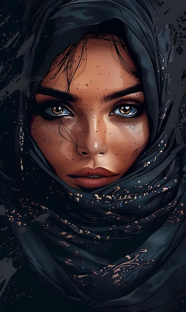 Middle Eastern Woman Portrait Wearing a Hijab and an Abaya W Tshirt Design Art Tattoo Ink Frames