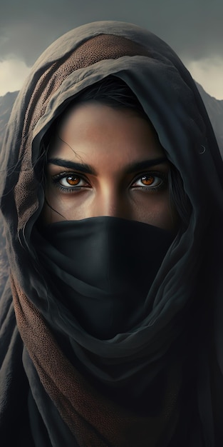 검은색 니캅 히잡을 쓴 중동 여성이 약간의 슬픔과 함께 카메라를 똑바로 쳐다본다