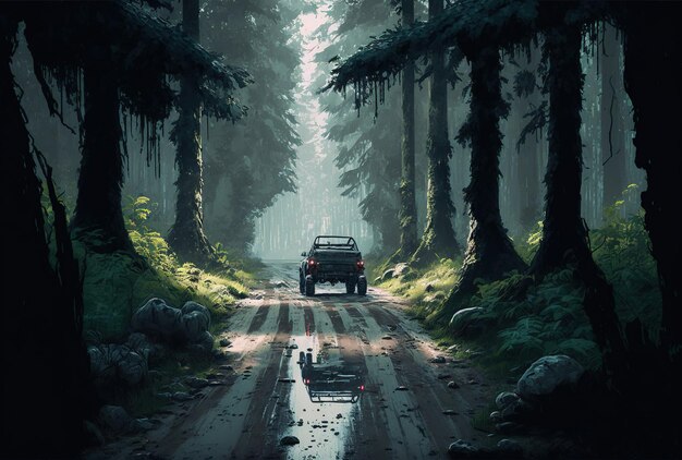 Посреди леса на пустой дороге