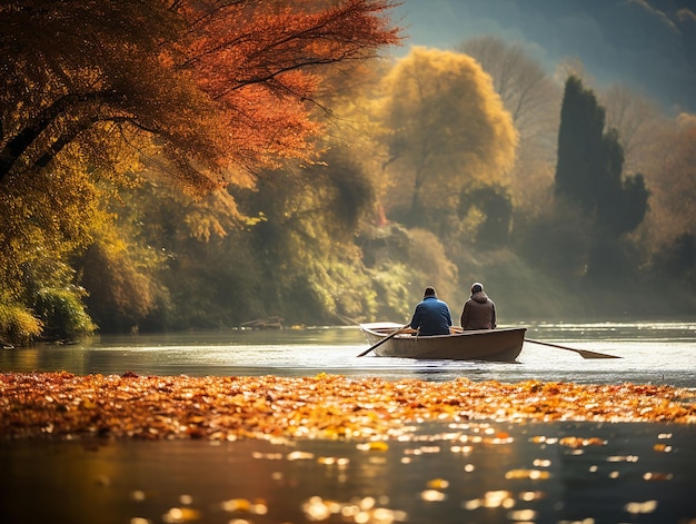 in the middle of the river two elderly people take a pleasant boat ride generated ia