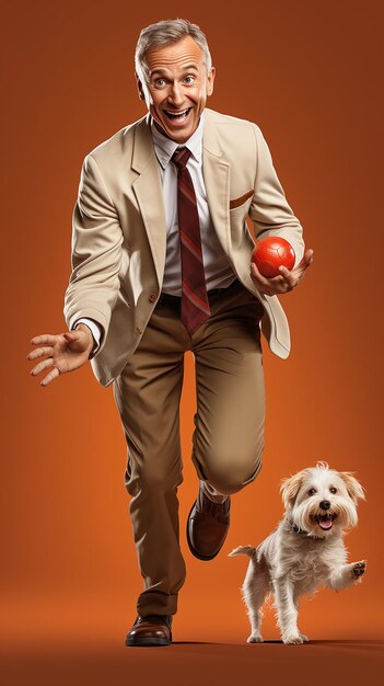 middleage male business man smyling and playing with his puppy bright background and photo