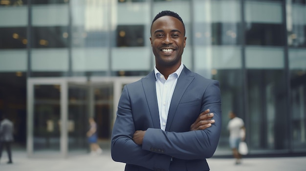 Middleaged african american businessman posing near by office center happy male entrepreneur having break