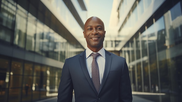 Middleaged african american businessman posing near by office center happy male entrepreneur having break