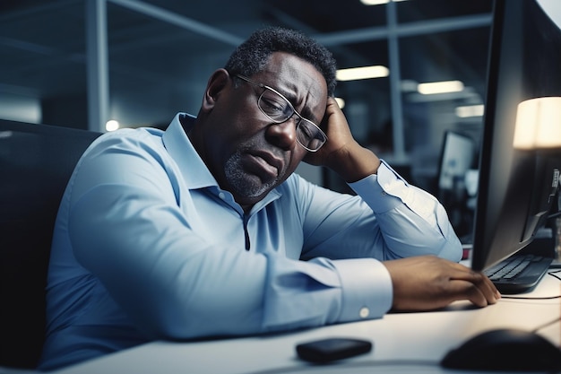 Middleaged african american businessman sleeping in office at the table in front of computer monitor deadline concept