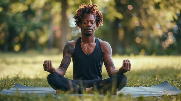 Афроамериканский мужчина средних лет практикует йогу на открытом воздухе Медитация в парке Психическое здоровье