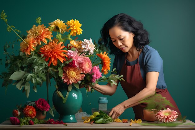 Photo a middleaged asian woman arranging colorful holiday flowers in a vase isolated color background