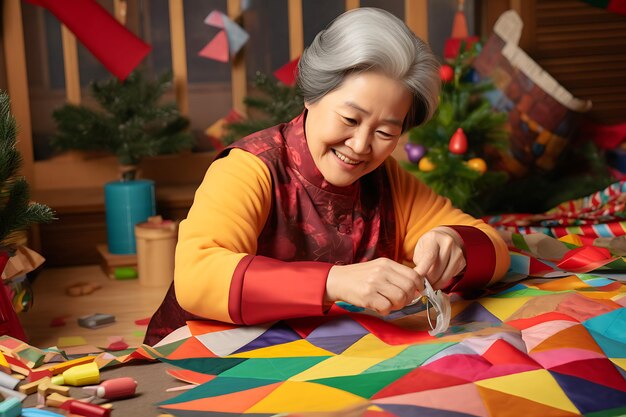 Photo a middleaged asian woman making a holidaythemed quilt isolated color background realistic photo