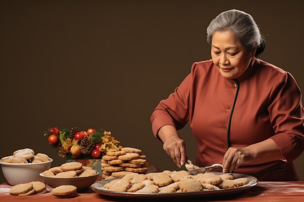 Photo a middleaged asian woman preparing a batch of delicious holiday cookies isolated color background