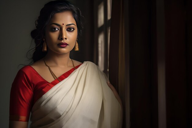 Middleaged bengali woman in white saree with red border radiates warmth and kindness