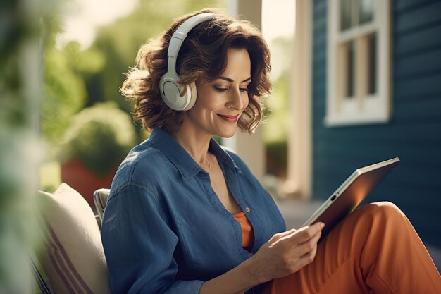 Middleaged blonde woman headphones tablet at country house A European woman of 4050 years old listens to music and scrolls through the Internet in the silence of her country house