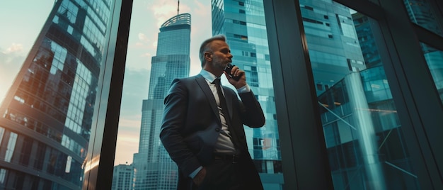 Foto uomo d'affari di mezza età che risponde al telefono in un ufficio moderno che fissa fuori dalla finestra una grande città con grattacieli ceo di successo che pianifica progetti di lavoro