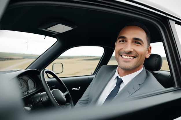 Photo middleaged businessman sitting into electric car on wind turbines in windmill farms