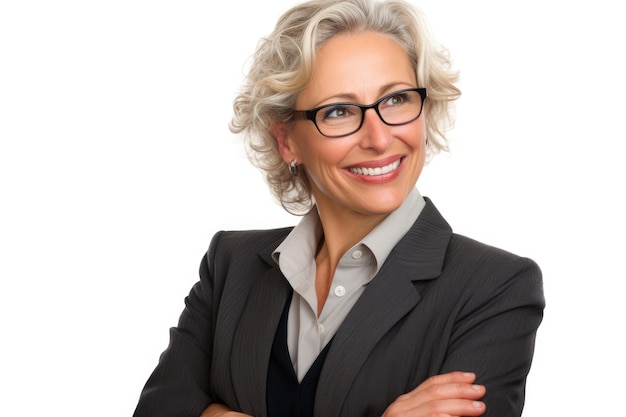 Middleaged businesswoman smiling confidently against a white background