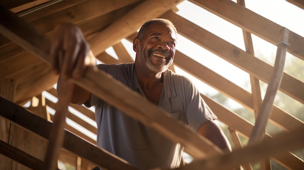 A middleaged caucasian man is working on the construction of a wooden frame house