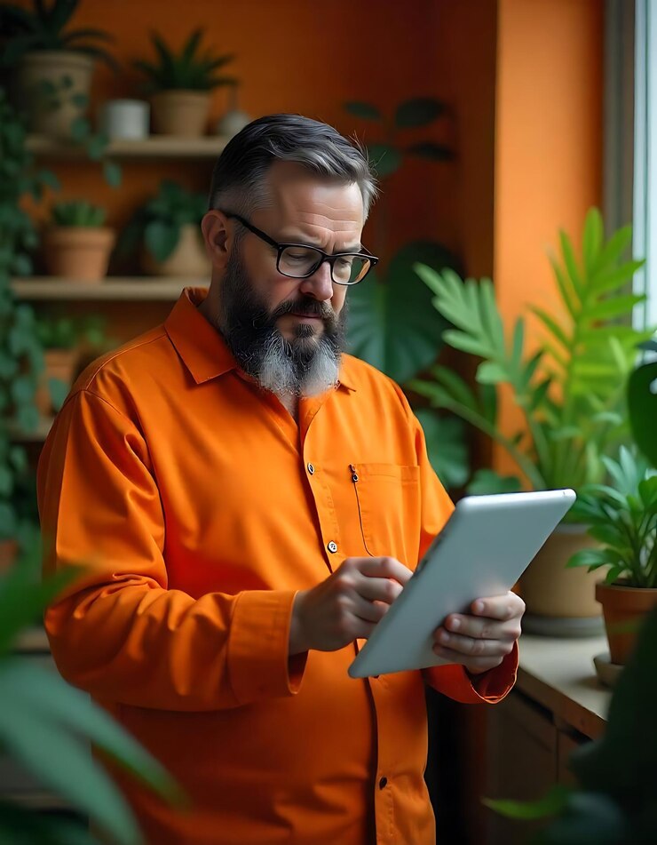 MiddleAged Caucasian Man with Beard and Glasses Holding Tablet in Orange Room with Potted Plants Sale Promotion