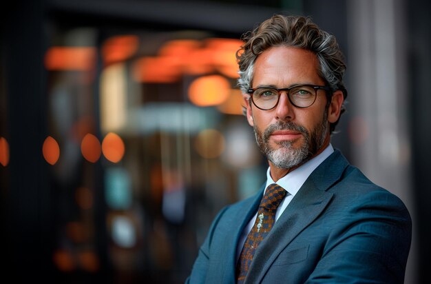 Middleaged Caucasian man with glasses in a stylish suit stands in an urban setting