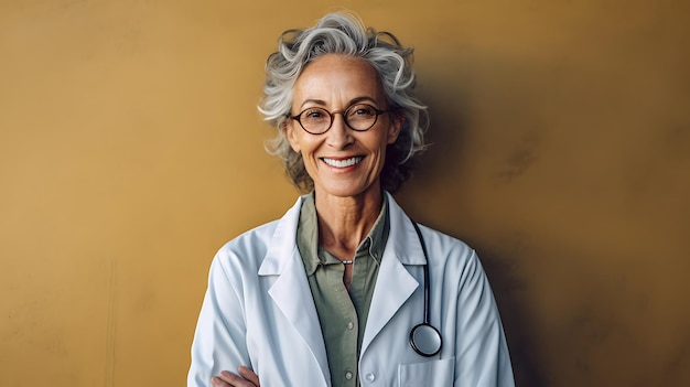 Middleaged caucasian woman doctor with crossed arms stands against the wallreated with Generative AI technology