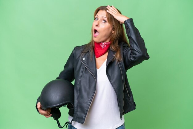 Middleaged caucasian woman with a motorcycle helmet over isolated background doing surprise gesture while looking to the side