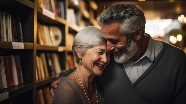 middleaged couple hugs each other in a library