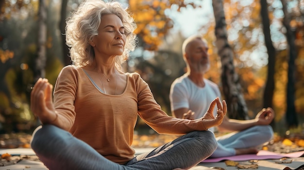 A middleaged couple practicing yoga outside Generative Ai