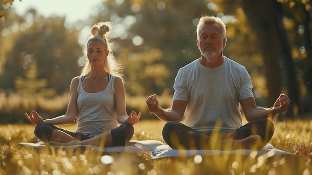 A middleaged couple practicing yoga outside Generative Ai